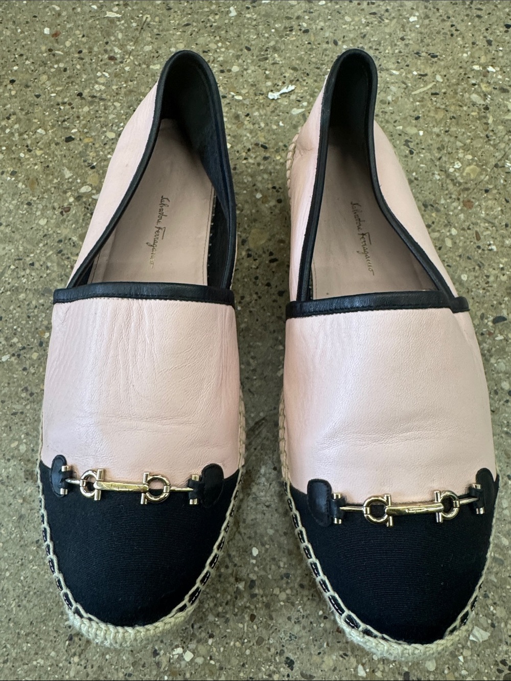 Salvatore Ferragamo Pink/Black Leather Espadrille Mules - Size 10.5C